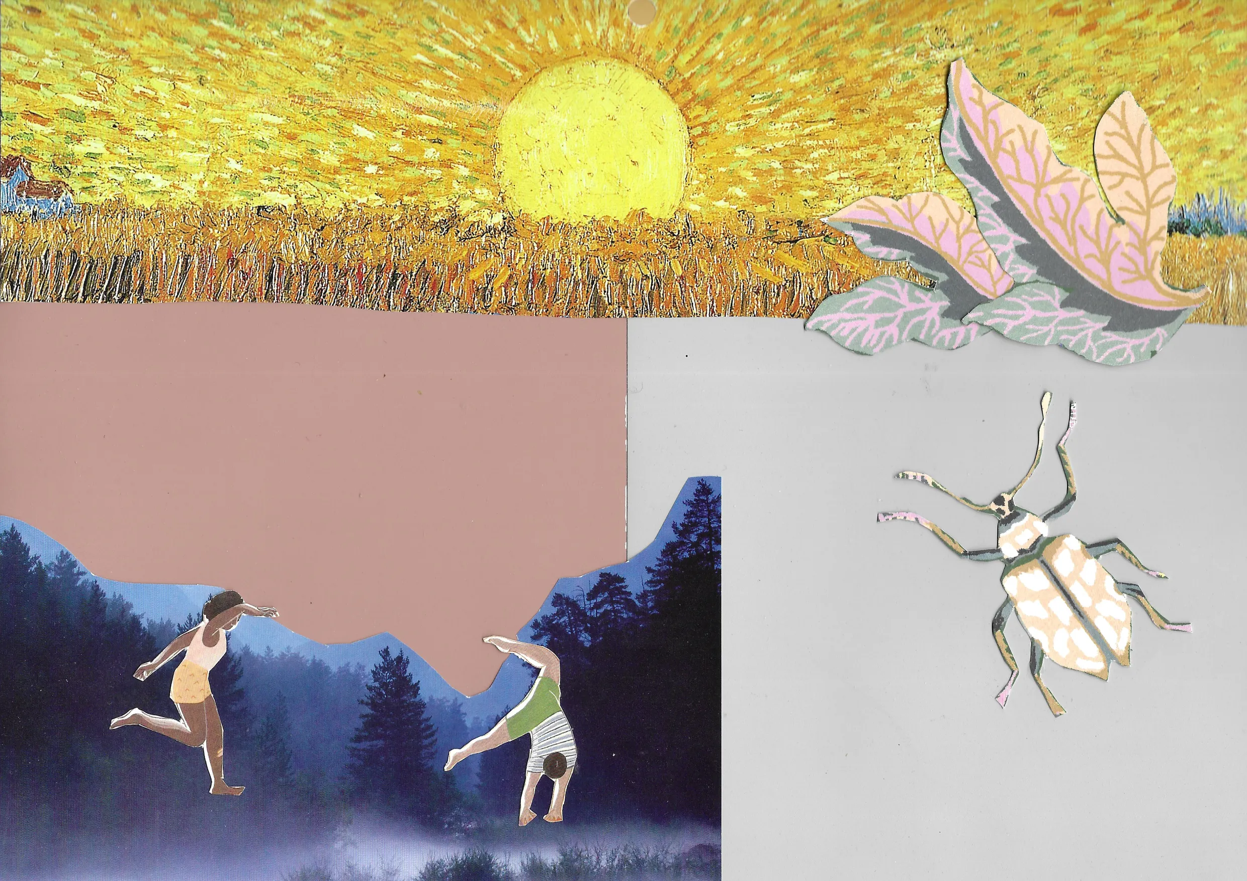 Collage, die einen Sonnenuntergang zeigt, zwei Menschen, die durch einen Wald tanzen, ein großer rosa Käfer und ein Blatt.